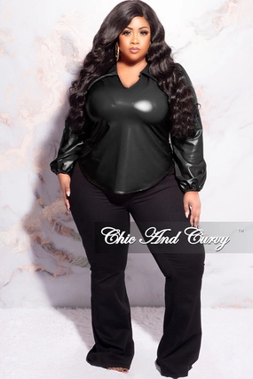 WrinkleFreeFinish Urban Style Final Sale Plus Size Collar Faux Leather Top in Black