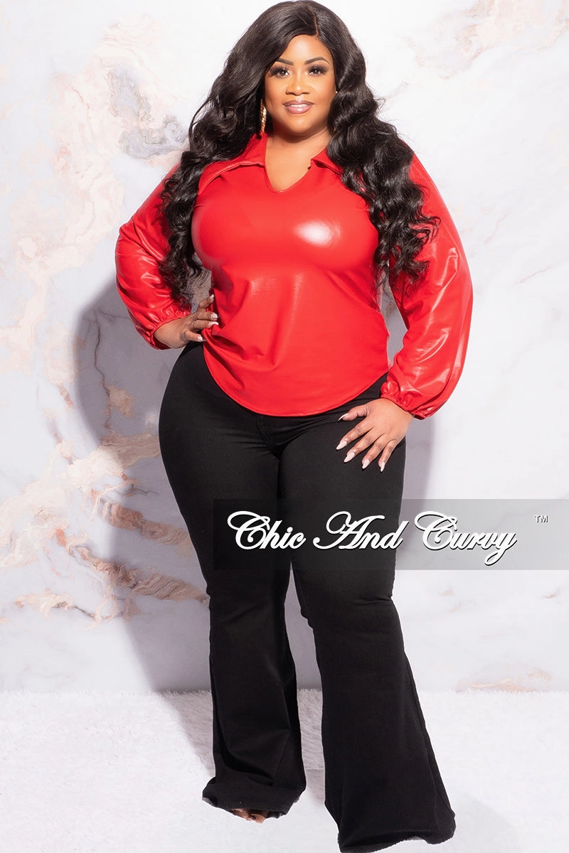 Final Sale Plus Size Collar Faux Leather Top in Red Casual Comfort Look