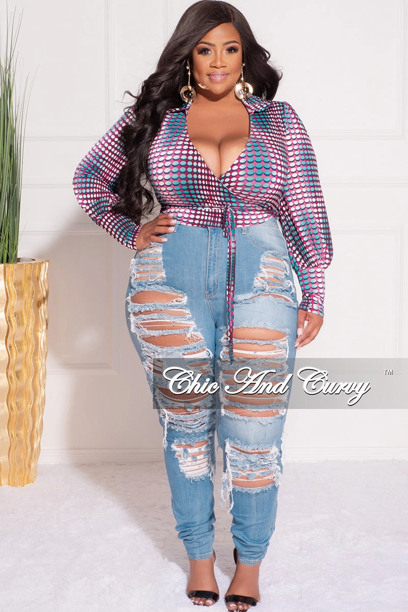 Trendy Cut Final Sale Plus Size Collar Faux Wrap Crop Tie Top in Multi Color Polka Dot Print