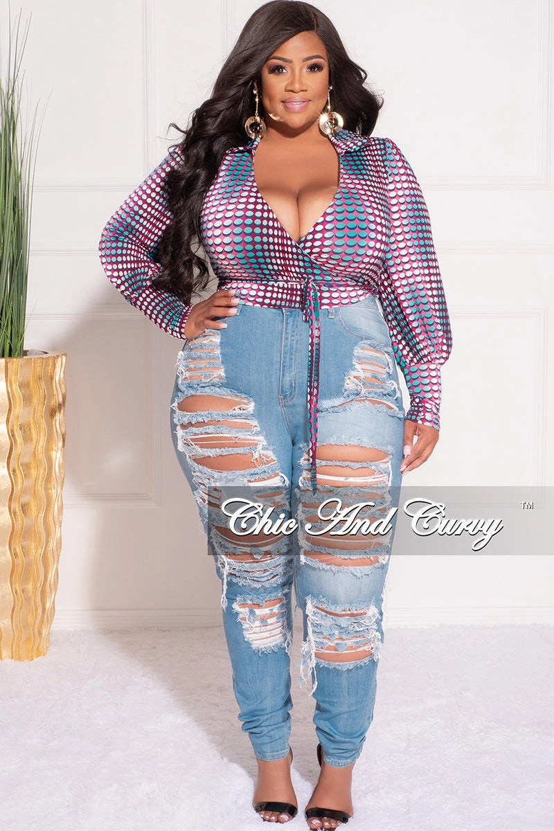 Dynamic Motion Final Sale Plus Size Collar Faux Wrap Crop Tie Top in Multi Color Polka Dot Print