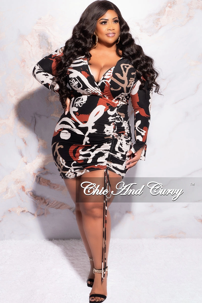 Final Sale Plus Size Collar Faux Wrap Drawstring Ruched Mini BodyCon Dress in Black Tan Burgundy and Ivory Skinny Fit
