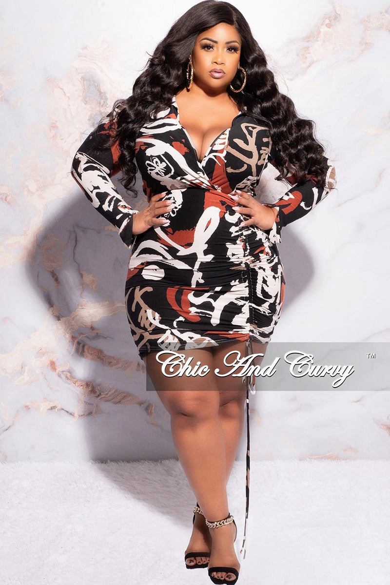 Final Sale Plus Size Collar Faux Wrap Drawstring Ruched Mini BodyCon Dress in Black Tan Burgundy and Ivory Comfortable Cut Air Flow