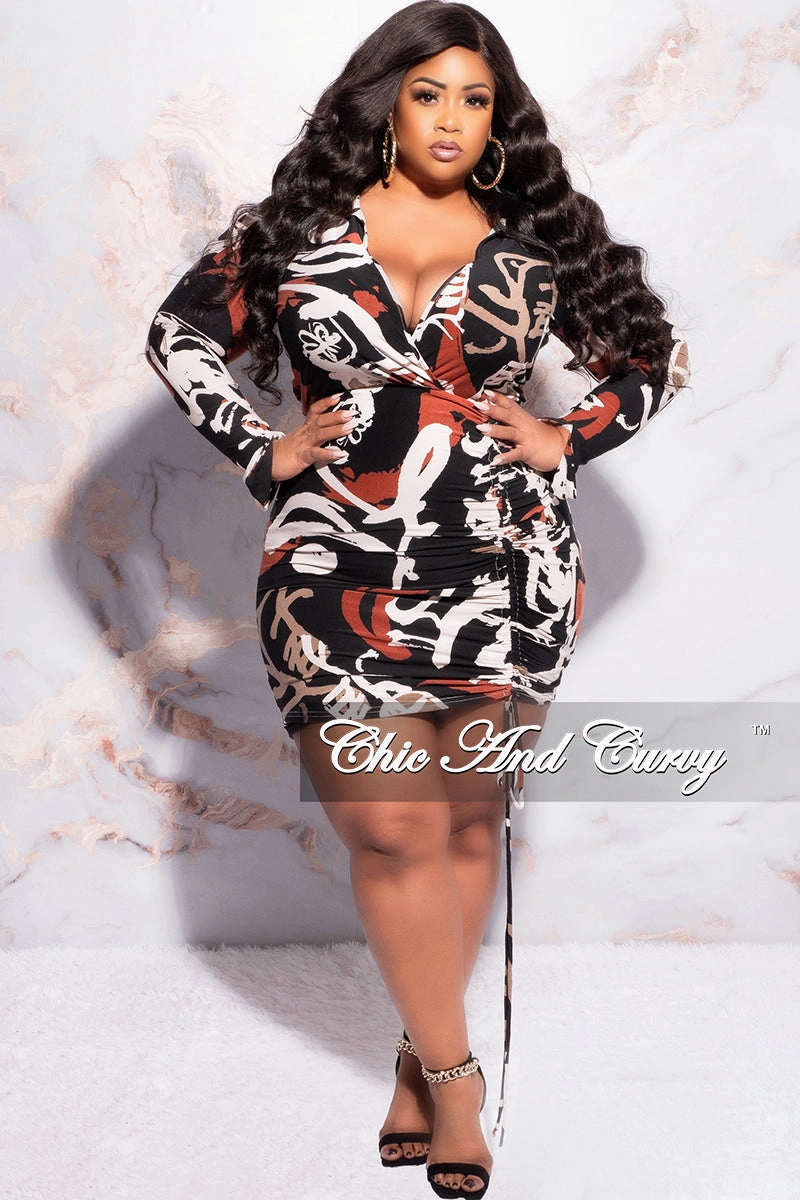 Layering Comfort All Day Wear Final Sale Plus Size Collar Faux Wrap Drawstring Ruched Mini BodyCon Dress in Black Tan Burgundy and Ivory