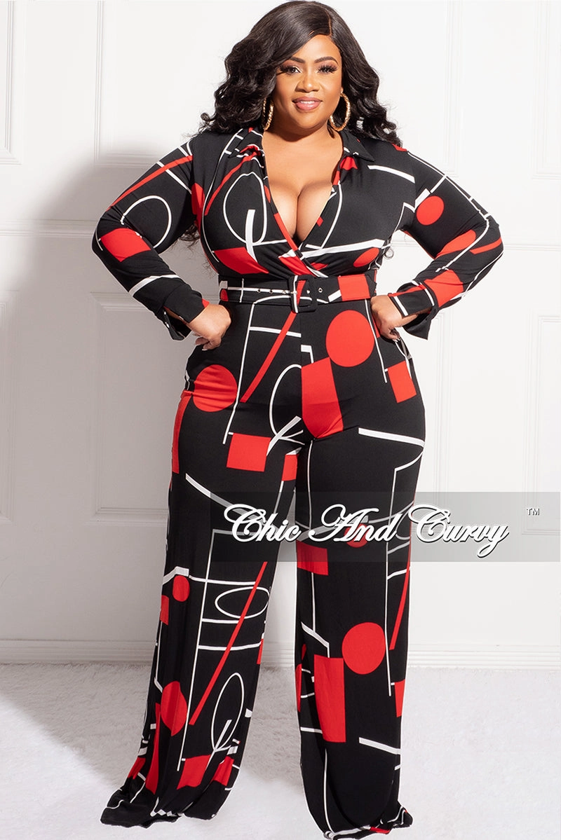 Final Sale Plus Size Collar Faux Wrap Jumpsuit with Waist Tie in Black, Red, & White Print Light and Cozy