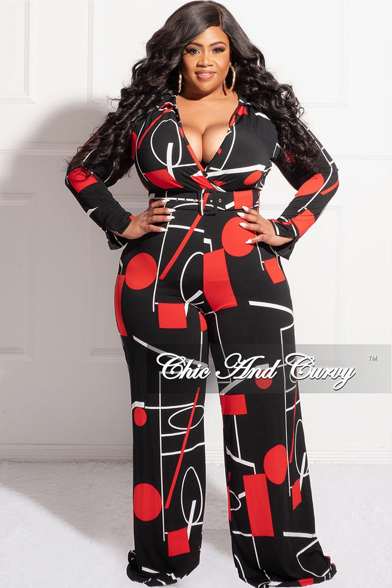 RecycledPolyester PermeableCloth Final Sale Plus Size Collar Faux Wrap Jumpsuit with Waist Tie in Black, Red, & White Print