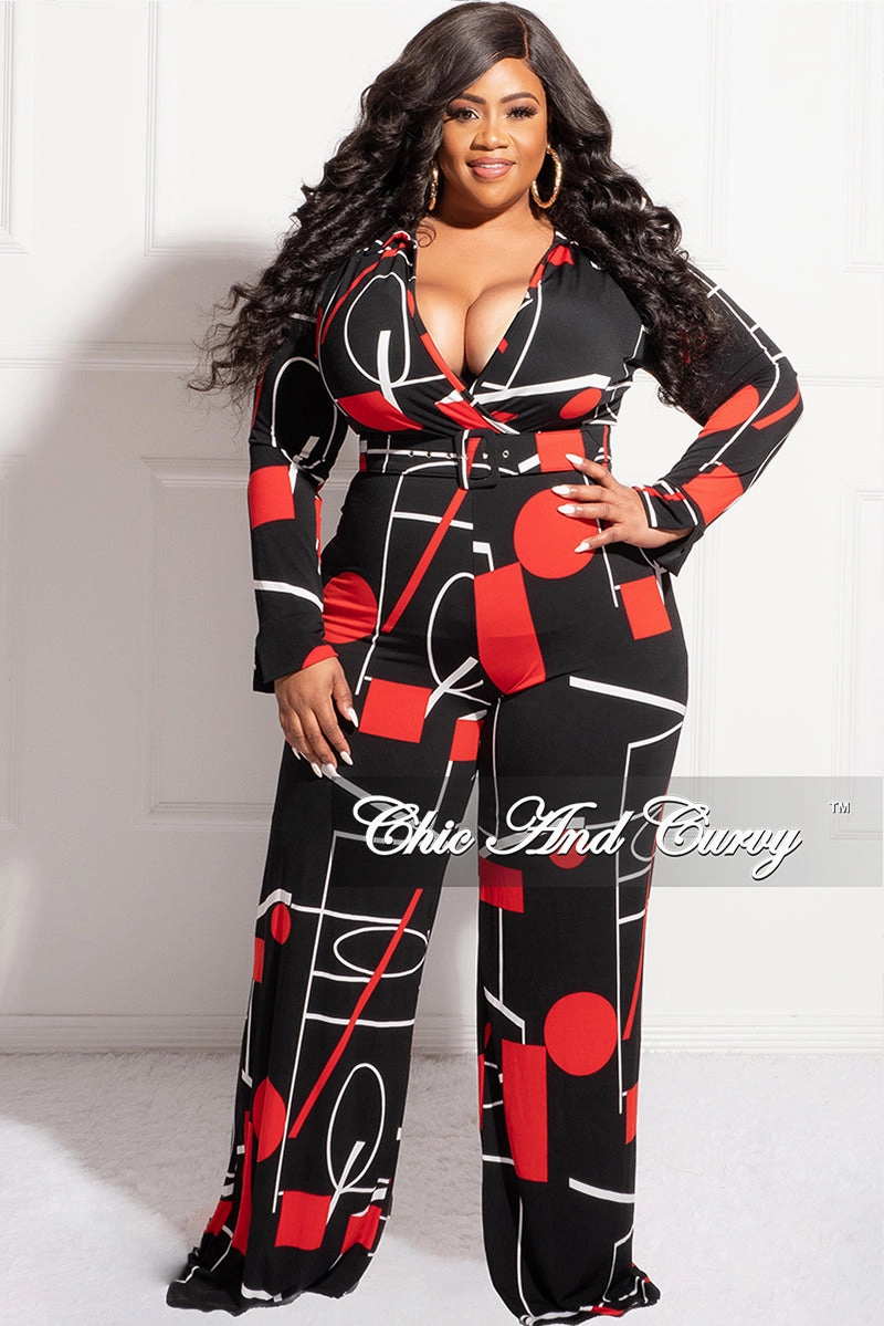 Heat Dissipating Final Sale Plus Size Collar Faux Wrap Jumpsuit with Waist Tie in Black, Red, & White Print