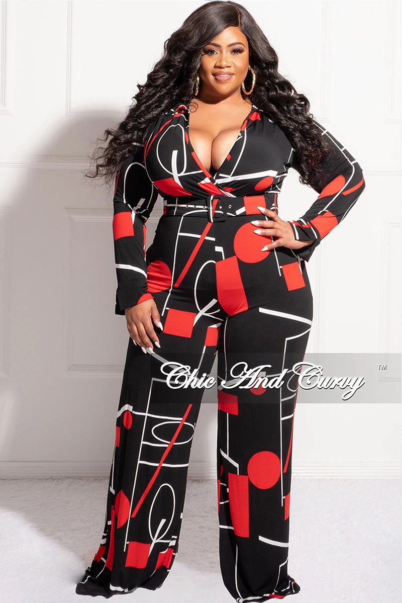 Stretchable Wear Quick Wear Final Sale Plus Size Collar Faux Wrap Jumpsuit with Waist Tie in Black, Red, & White Print