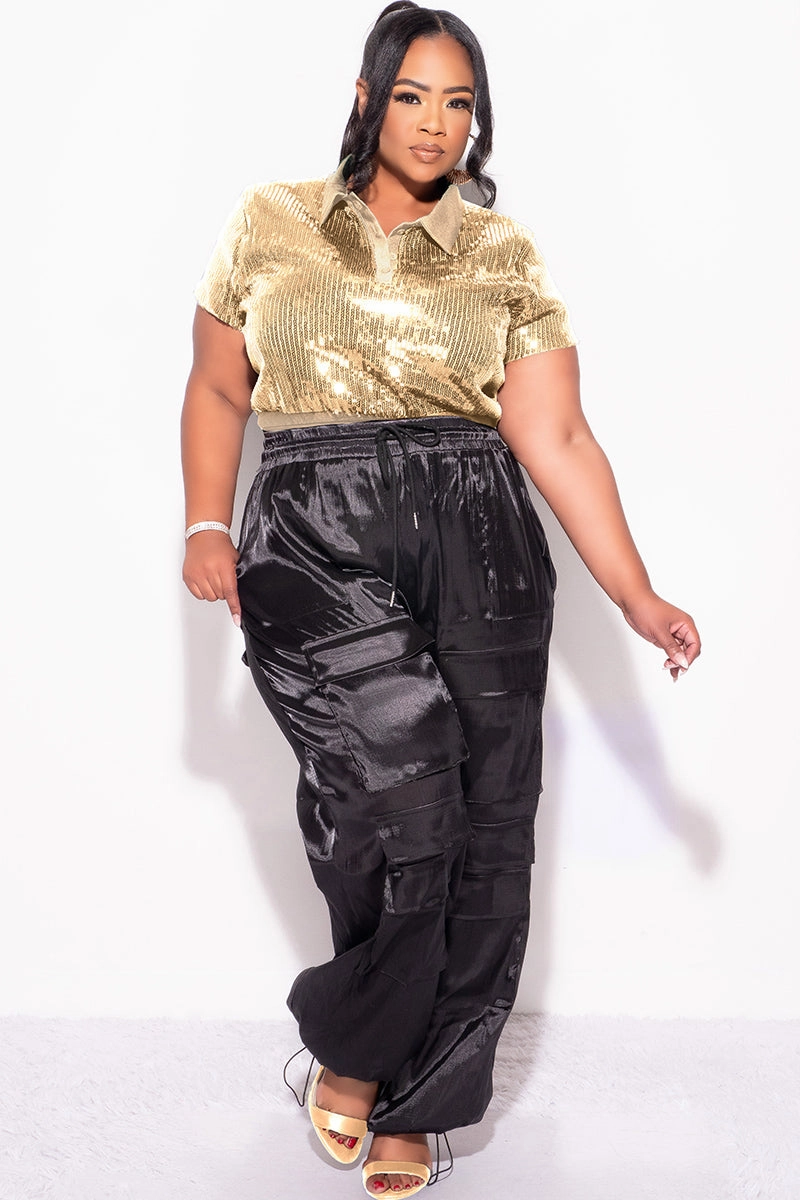 Soft touch finish Reinforced Shoulder Stitching Final Sale Plus Size Collar Sequin Top in Gold