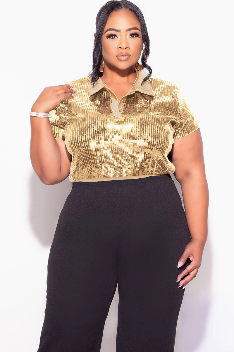 Final Sale Plus Size Collar Sequin Top in Gold Everyday Look Summer Favorite