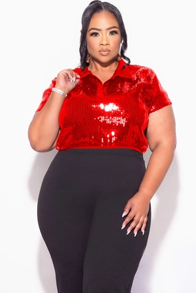 Earthy Tone Colorways Final Sale Plus Size Collar Sequin Top in Red