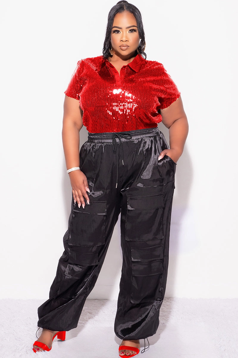 Final Sale Plus Size Collar Sequin Top in Red Skin Friendly Lining Low Impact Manufacturing