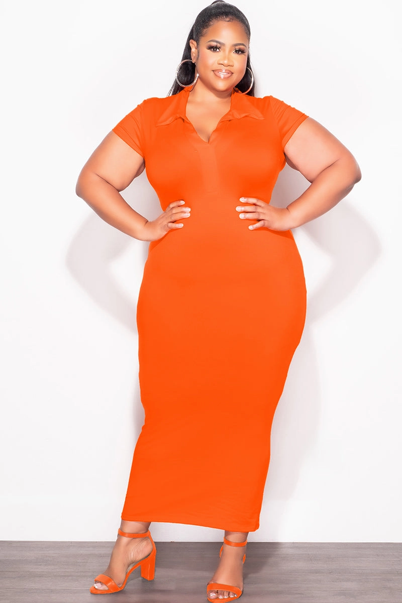 Tapered ankle Perfect Length Final Sale Plus Size Collar V Neck Midi Dress in Orange