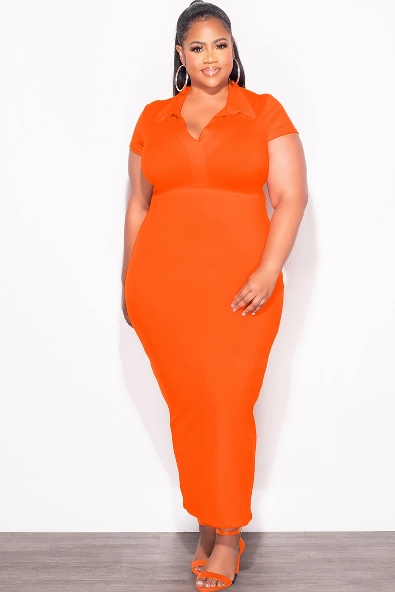 Final Sale Plus Size Collar V Neck Midi Dress in Orange Clean Finish Active Comfort Fit