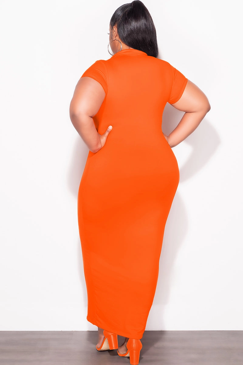 breathable panels Flattering Fit Wear Final Sale Plus Size Collar V Neck Midi Dress in Orange