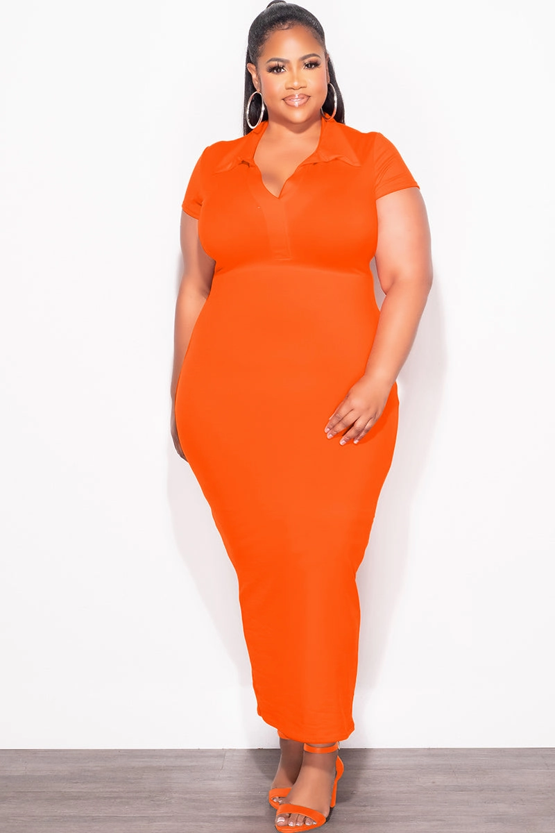 Effortless Style Final Sale Plus Size Collar V Neck Midi Dress in Orange