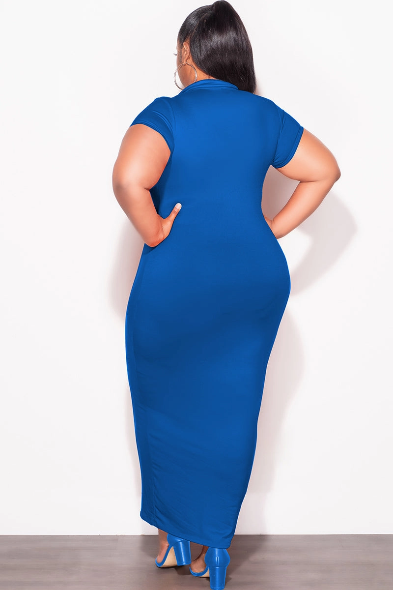Final Sale Plus Size Collar V Neck Midi Dress in Royal Blue Performance Design AntiStaticLining