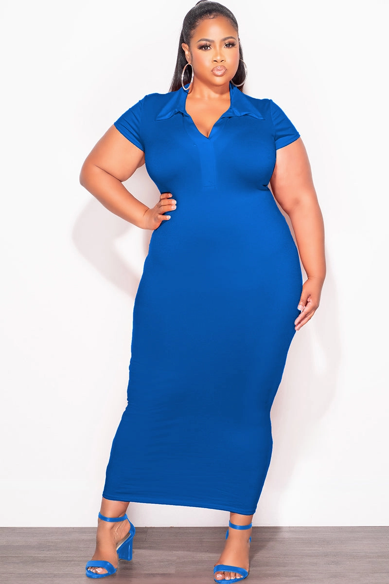 Flexible Cut Easy Match Final Sale Plus Size Collar V Neck Midi Dress in Royal Blue
