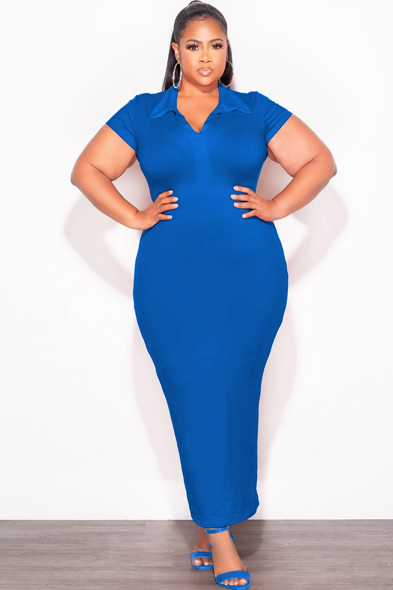 Final Sale Plus Size Collar V Neck Midi Dress in Royal Blue MachineWashable
