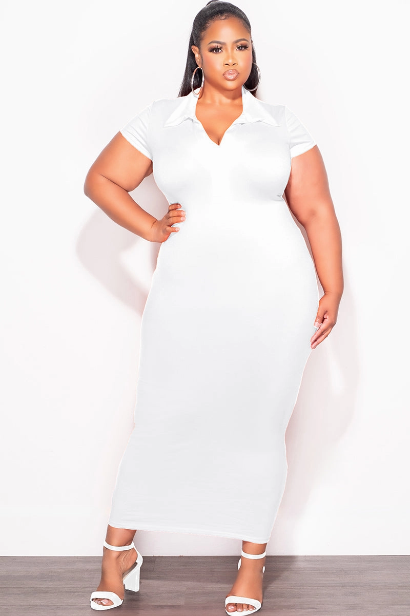 Sport Performance Final Sale Plus Size Collar V Neck Midi Dress in White