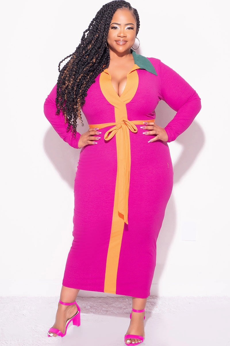 Final Sale Plus Size Collar V Neck Ribbed Midi Dress with Tie in Magenta, Orange and Green Luxe Look