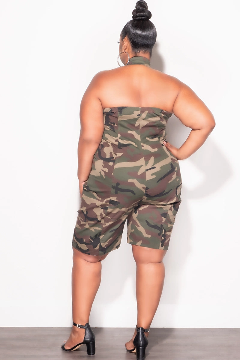 Windproof Design Luxe Look Final Sale Plus Size Collar Zip Up Halter Romper in Camouflage Print