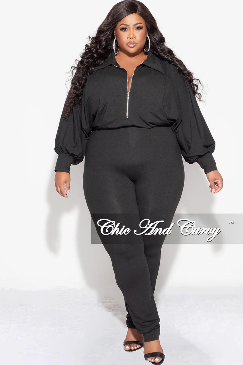 Quick Move Comfy Material Final Sale Plus Size Collar Zip Up Jumpsuit in Black