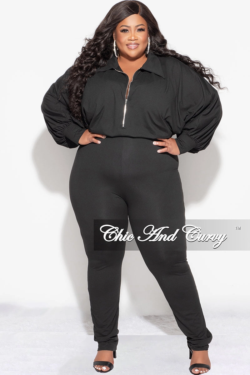 Final Sale Plus Size Collar Zip Up Jumpsuit in Black Travel Essential Seasonal Basic