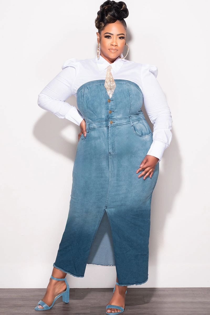 Soft Brush Lining Final Sale Plus Size Color Block Strapless Button Up Dress with Front Slit in Light Denim and Dark Denim