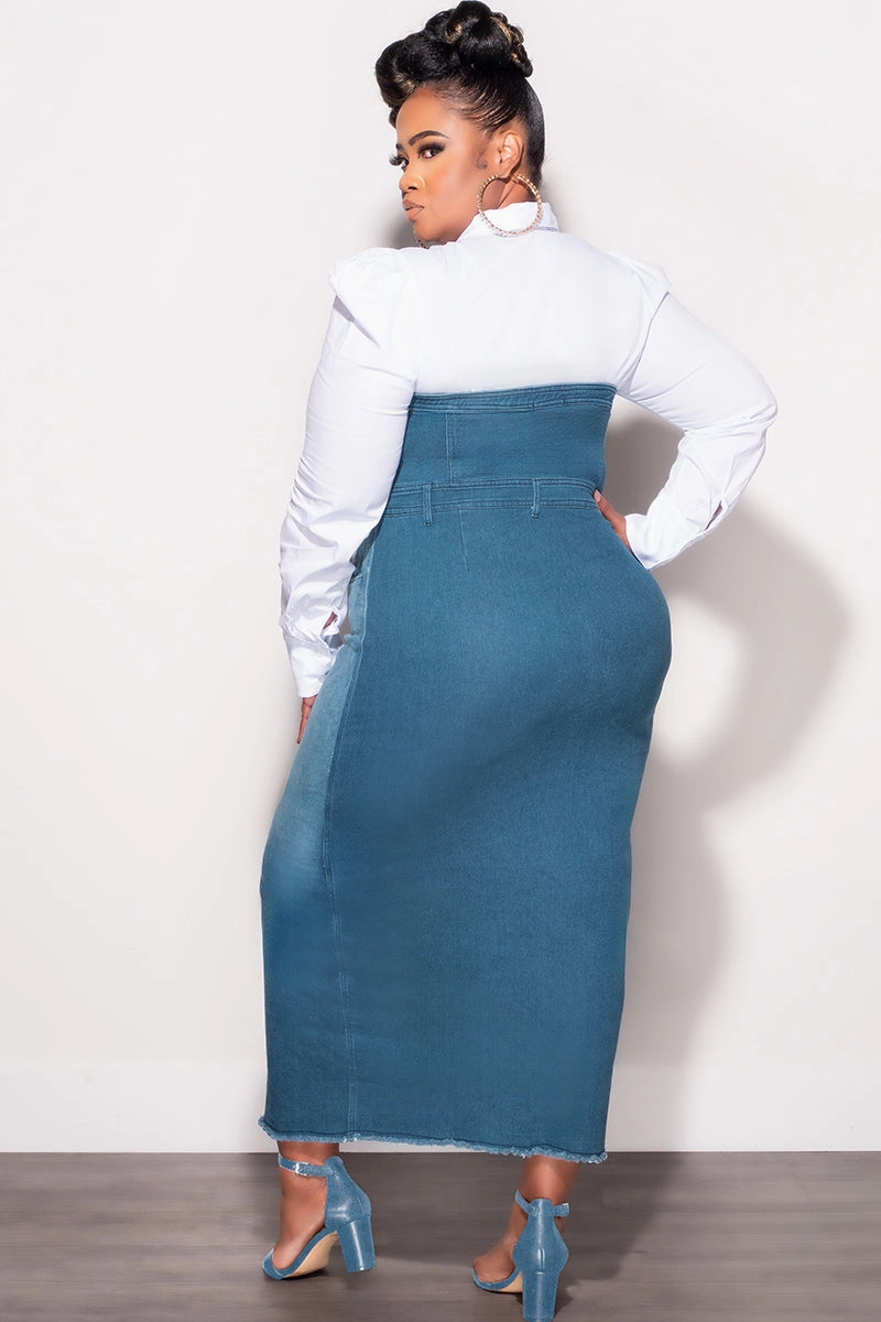 Final Sale Plus Size Color Block Strapless Button Up Dress with Front Slit in Light Denim and Dark Denim No Ride Up
