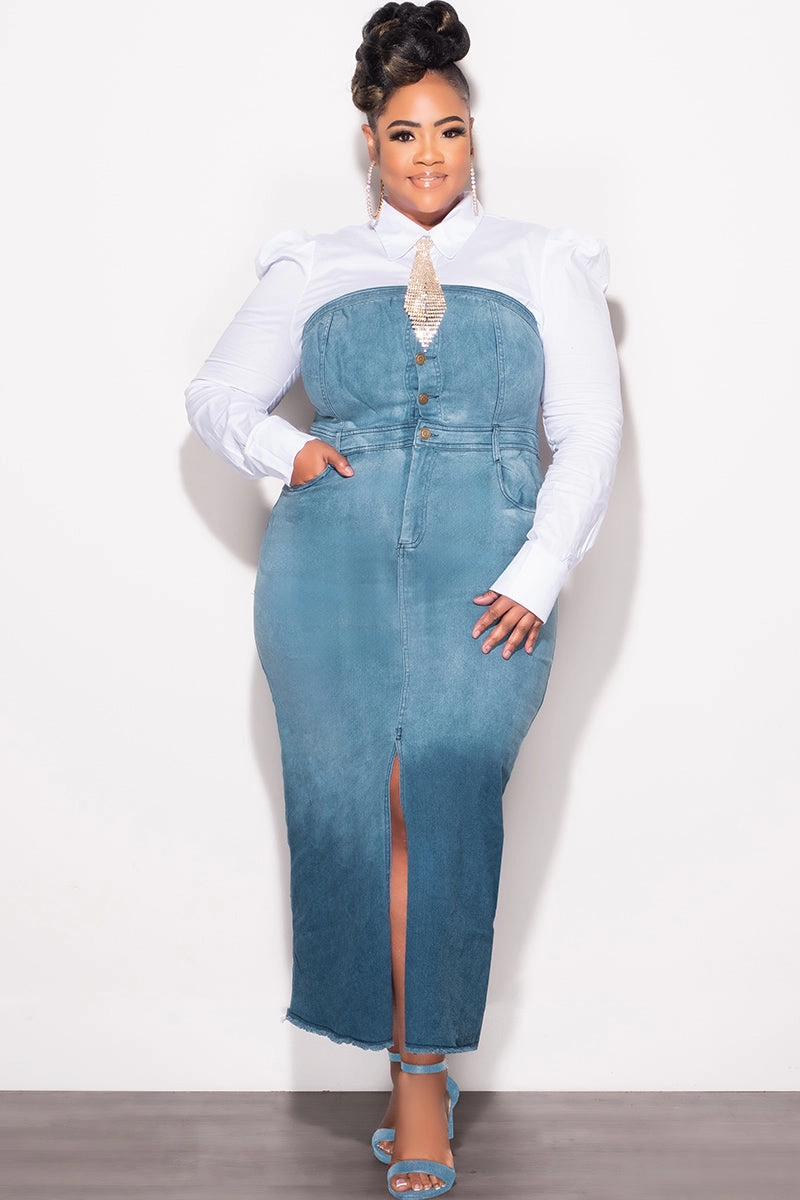 Final Sale Plus Size Color Block Strapless Button Up Dress with Front Slit in Light Denim and Dark Denim ElasticWaistband