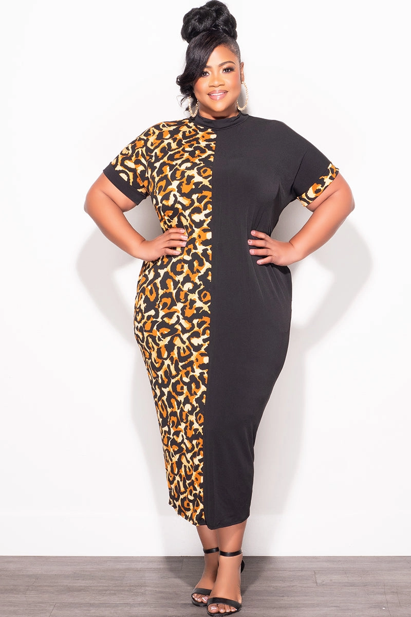 Timeless Comfort Final Sale Plus Size Colorblock Dress in Animal Print and Black