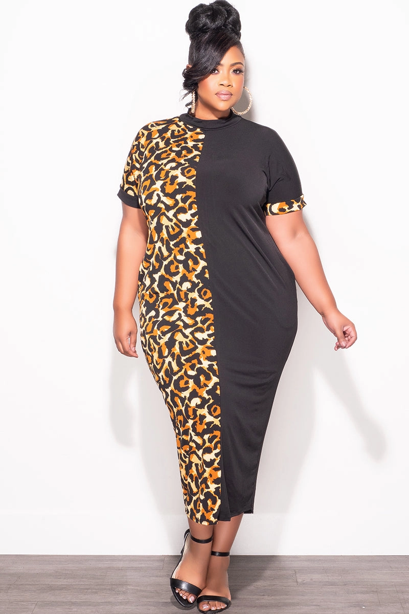 Tagless Labeling Quick Conversion Hem Final Sale Plus Size Colorblock Dress in Animal Print and Black