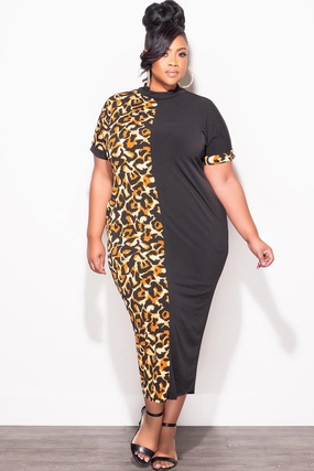 Tagless Labeling Quick Conversion Hem Final Sale Plus Size Colorblock Dress in Animal Print and Black