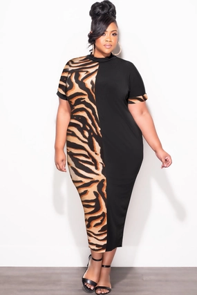 Loose cut Final Sale Plus Size Colorblock Dress in Tiger Print and Black