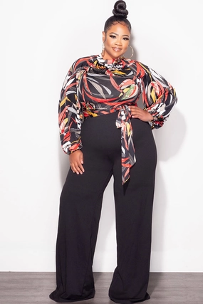 Final Sale Plus Size Colorblock Jumpsuit with Tie in Black Multi Color Leaf Print Mesh Panel Non Tapered Leg