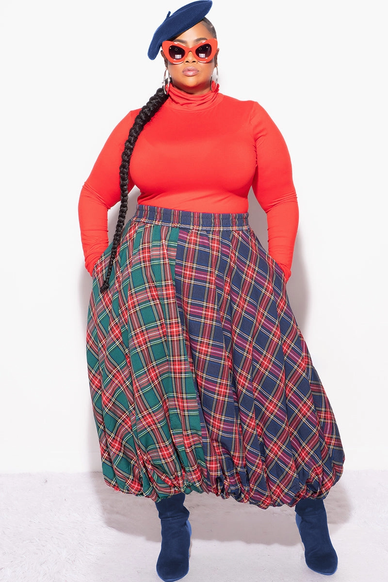 Final Sale Plus Size Colorblock Maxi Bubble Skirt in Plaid Print Body-Hugging Fit Versatile Wearable