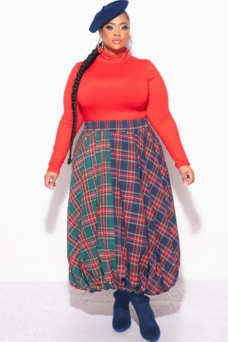 Final Sale Plus Size Colorblock Maxi Bubble Skirt in Plaid Print EcoFriendlyMaterial Fashion-Forward