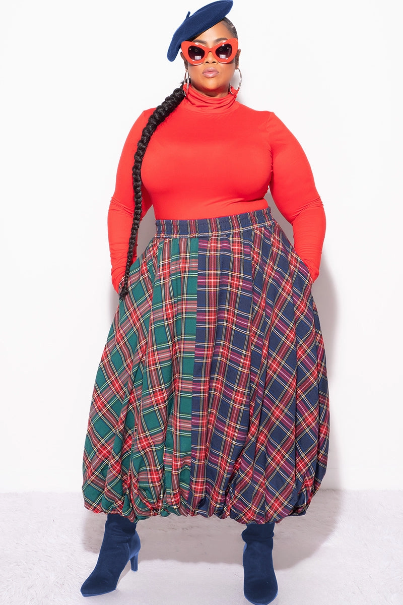 Final Sale Plus Size Colorblock Maxi Bubble Skirt in Plaid Print Quick Layer
