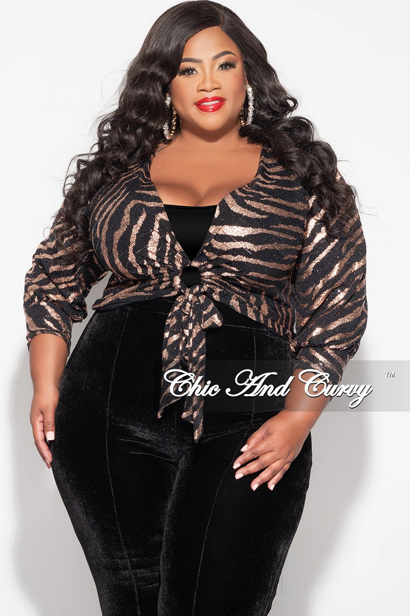 Final Sale Plus Size Crop Top with Cutout  in Black and Bronze Print Tear Resistant Reinforcement Double Stitched Hems