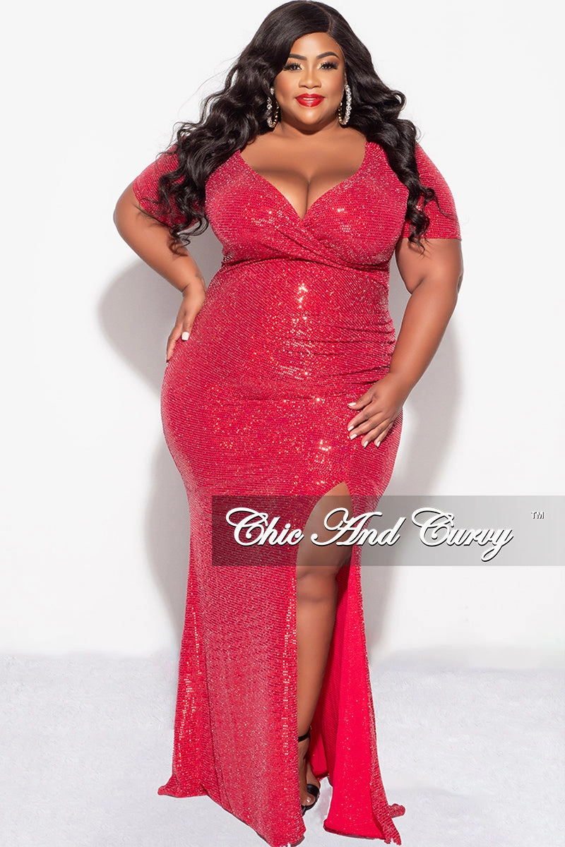Quick Comfort Wear Active Design Final Sale Plus Size Evening Gown Deep V Neck Dress in Confetti Dot Knit Sequin in Red