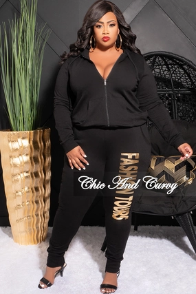 Chic Look Final Sale Plus Size Fashion Tours Hooded Jogging Set in Black