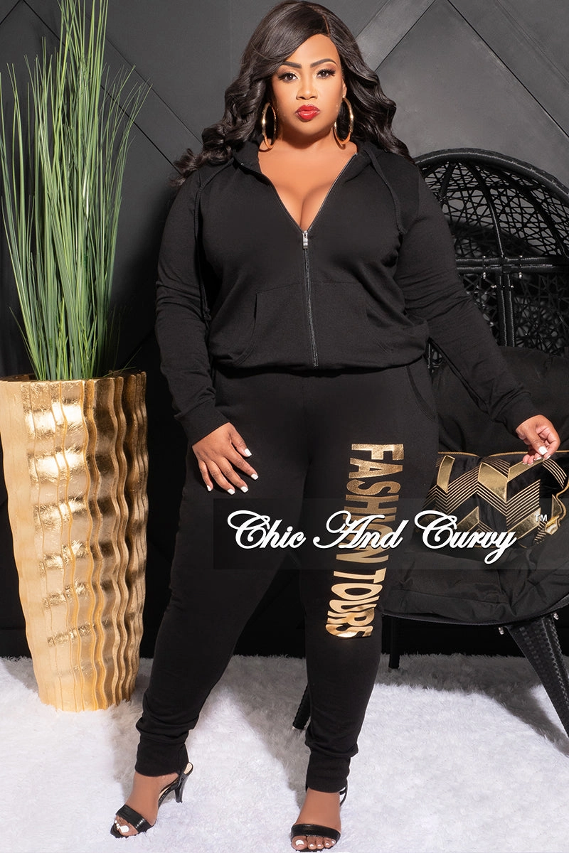 Final Sale Plus Size Fashion Tours Hooded Jogging Set in Black Casual Wear Sweat Resistant