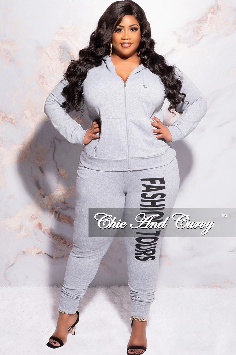 Final Sale Plus Size Fashion Tours Hooded Jogging Set in Grey Side Pockets