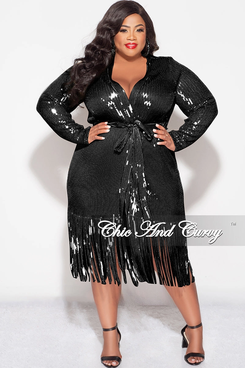 Final Sale Plus Size Faux Sequin Duster with Belt in Black OdorResistant Fabric