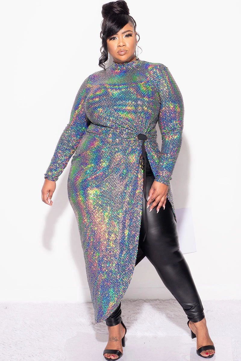 Low Impact Manufacturing Final Sale Plus Size Faux Sequin Hologram Top in Silver