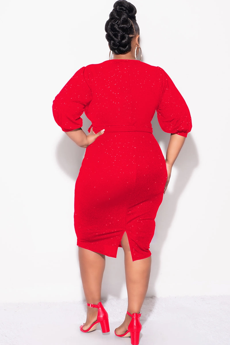 Final Sale Plus Size Faux Wrap BodyCon Dress with Waist Tie in Red Glitter Layered Panel Construction Printed T-shirt