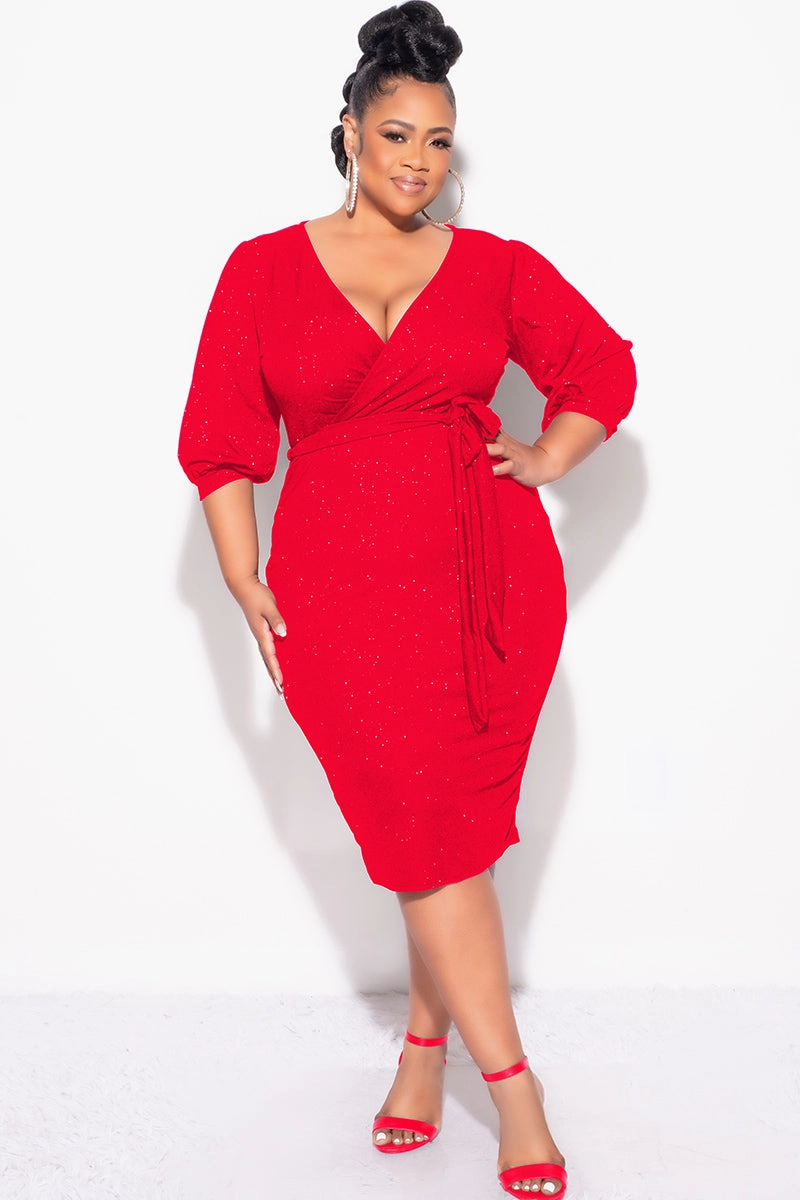 WrinkleResistant Texture Final Sale Plus Size Faux Wrap BodyCon Dress with Waist Tie in Red Glitter