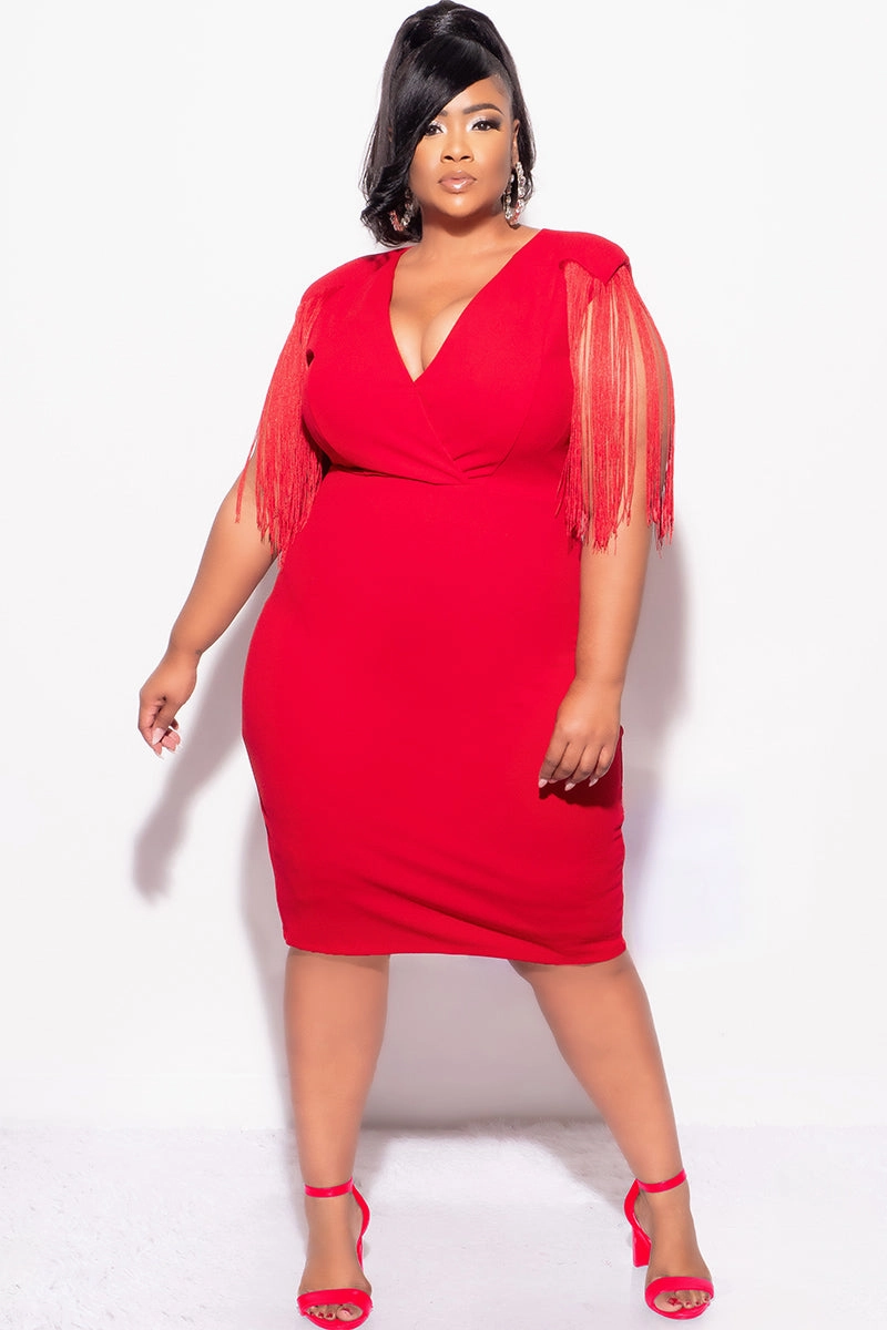Final Sale Plus Size Faux Wrap Fringe Shoulder BodyCon Dress in Red HighStretchElastic