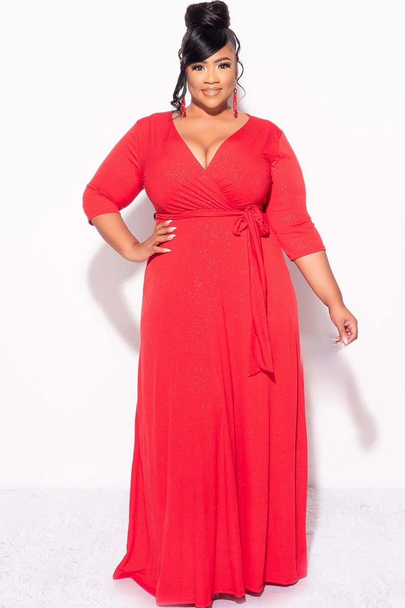 Final Sale Plus Size Faux Wrap Glitter Dress in Red VentilatedMeshPaneling