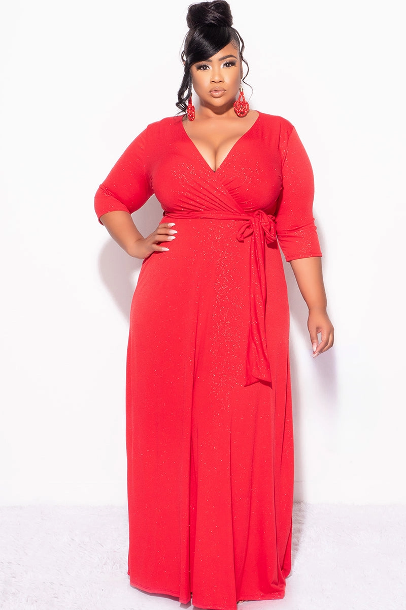 proper length Casual Fashion Final Sale Plus Size Faux Wrap Glitter Dress in Red